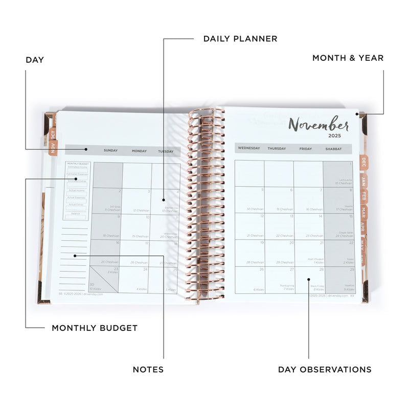 Driven Day September 2025 - August 2026 Wire bound Jewish Daily Planner- Be Shabbos and Yom Tov Ready, Achieve your Goals and Prioritize Your Day With Daily, Weekly, and Monthly Views, 9.3"x8.6"- Sienna Print
