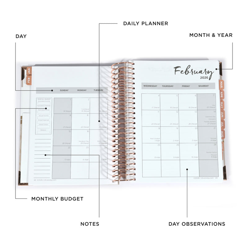 Driven Day January 2026 Wire bound Jewish Daily Planner- Be Shabbos and Yom Tov Ready, Achieve your Goals and Prioritize Your Day With Daily, Weekly, and Monthly Views, 9.3"x8.6"- Wheat Cover