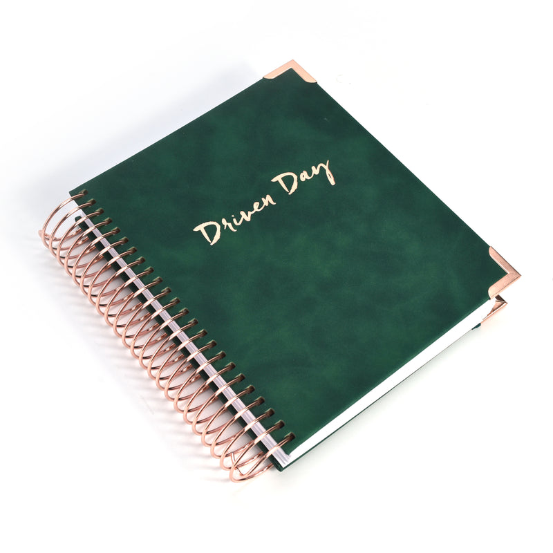 Driven Day September 2024 - August 2025 Wire bound Jewish Daily Planner- Be Shabbos and Yom Tov Ready, Achieve your Goals and Prioritize Your Day With Daily, Weekly, and Monthly Views, 9.3"x8.6" (Green Suede)