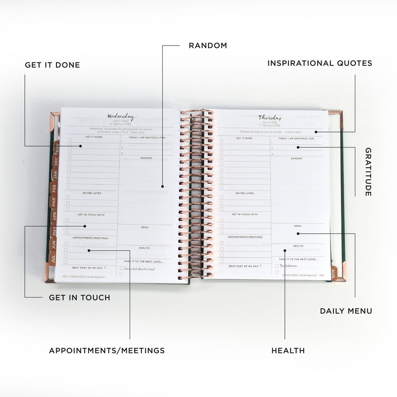 Driven Day September 2024 - August 2025 Wire bound Jewish Daily Planner- Be Shabbos and Yom Tov Ready, Achieve your Goals and Prioritize Your Day With Daily, Weekly, and Monthly Views, 9.3"x8.6" (Green Suede)
