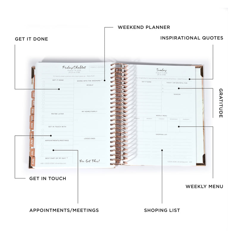 Driven Day September 2025 - August 2026 Wire bound Jewish Daily Planner- Be Shabbos and Yom Tov Ready, Achieve your Goals and Prioritize Your Day With Daily, Weekly, and Monthly Views, 9.3"x8.6"- Sienna Print