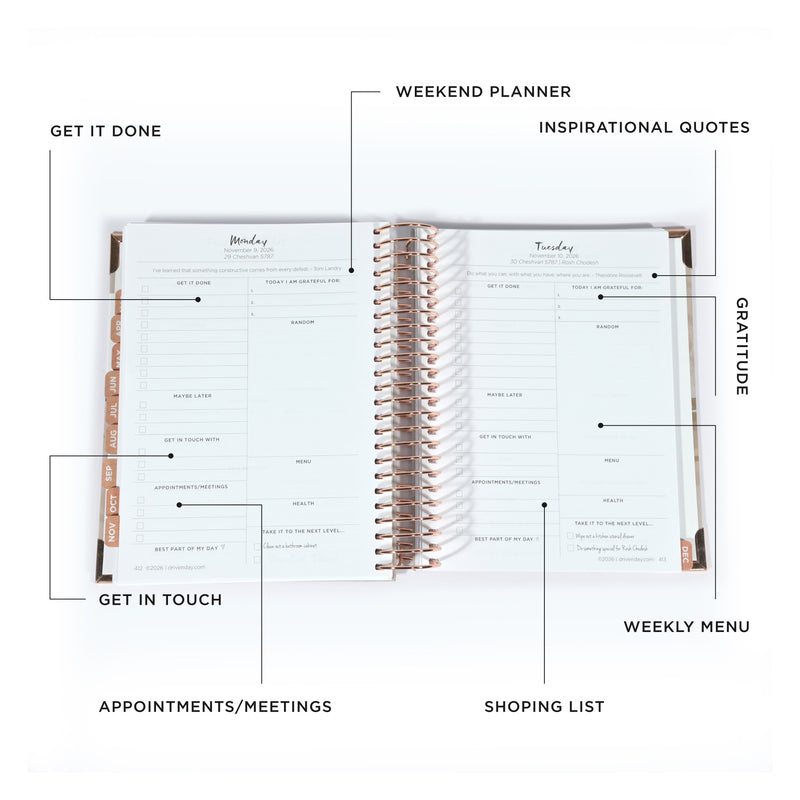 Driven Day January 2026 Wire bound Jewish Daily Planner- Be Shabbos and Yom Tov Ready, Achieve your Goals and Prioritize Your Day With Daily, Weekly, and Monthly Views, 9.3"x8.6"- Wheat Cover