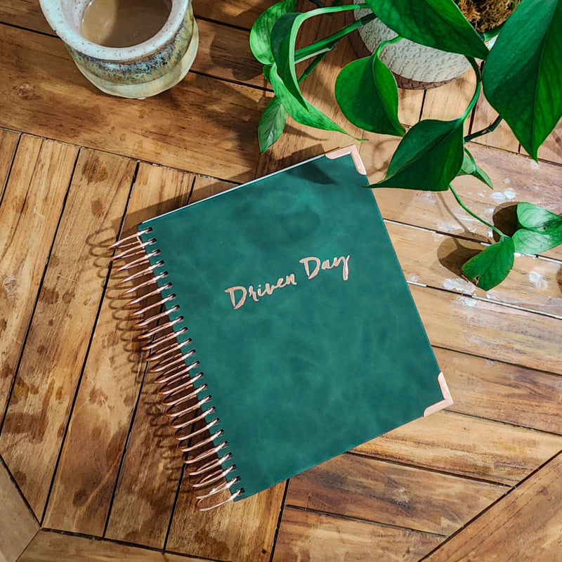 Driven Day September 2024 - August 2025 Wire bound Jewish Daily Planner- Be Shabbos and Yom Tov Ready, Achieve your Goals and Prioritize Your Day With Daily, Weekly, and Monthly Views, 9.3"x8.6" (Green Suede)