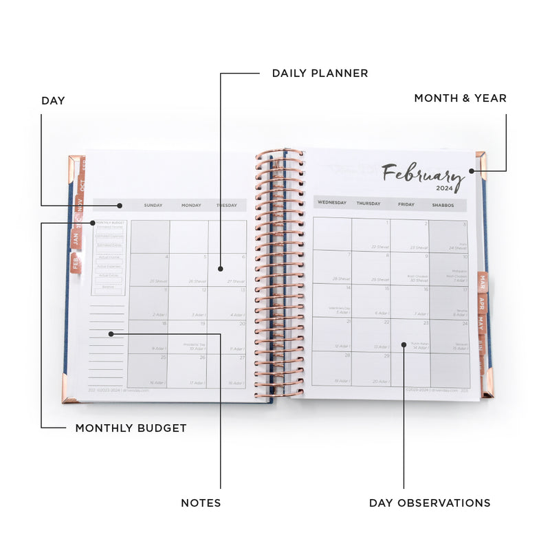 Driven Day September 2023- August 2024 Wirebound Jewish Daily Planner- Be Shabbos and Yom Tov Ready, Achieve your Goals and Prioritize Your Day With Daily, Weekly, and Monthly Views, 9.3"x8.6" (DenimJewishAcademicYear2023-2024)