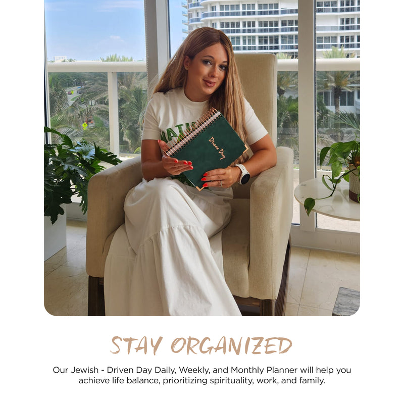Driven Day September 2024 - August 2025 Wire bound Jewish Daily Planner- Be Shabbos and Yom Tov Ready, Achieve your Goals and Prioritize Your Day With Daily, Weekly, and Monthly Views, 9.3"x8.6" (Green Suede)