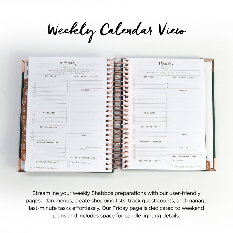 Driven Day September 2024 - August 2025 Wire bound Jewish Daily Planner- Be Shabbos and Yom Tov Ready, Achieve your Goals and Prioritize Your Day With Daily, Weekly, and Monthly Views, 9.3"x8.6" (Green Suede)
