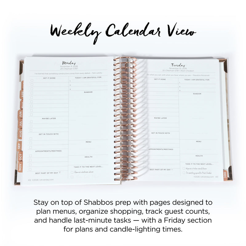 Driven Day January 2026 Wire bound Jewish Daily Planner- Be Shabbos and Yom Tov Ready, Achieve your Goals and Prioritize Your Day With Daily, Weekly, and Monthly Views, 9.3"x8.6"- Wheat Cover